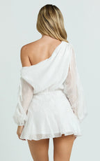 Hayes Mini Dress - Off Shoulder Bellow Top Flip Skirt Dress in White