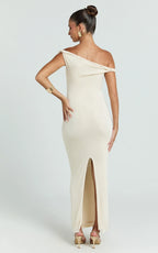 Isabel Midi Dress - Twist Off Shoulder Bodycon Dress in Cream