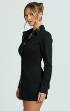 Shawn Mini Dress - Long Sleeve Button Down Denim Shirt Dress in Black