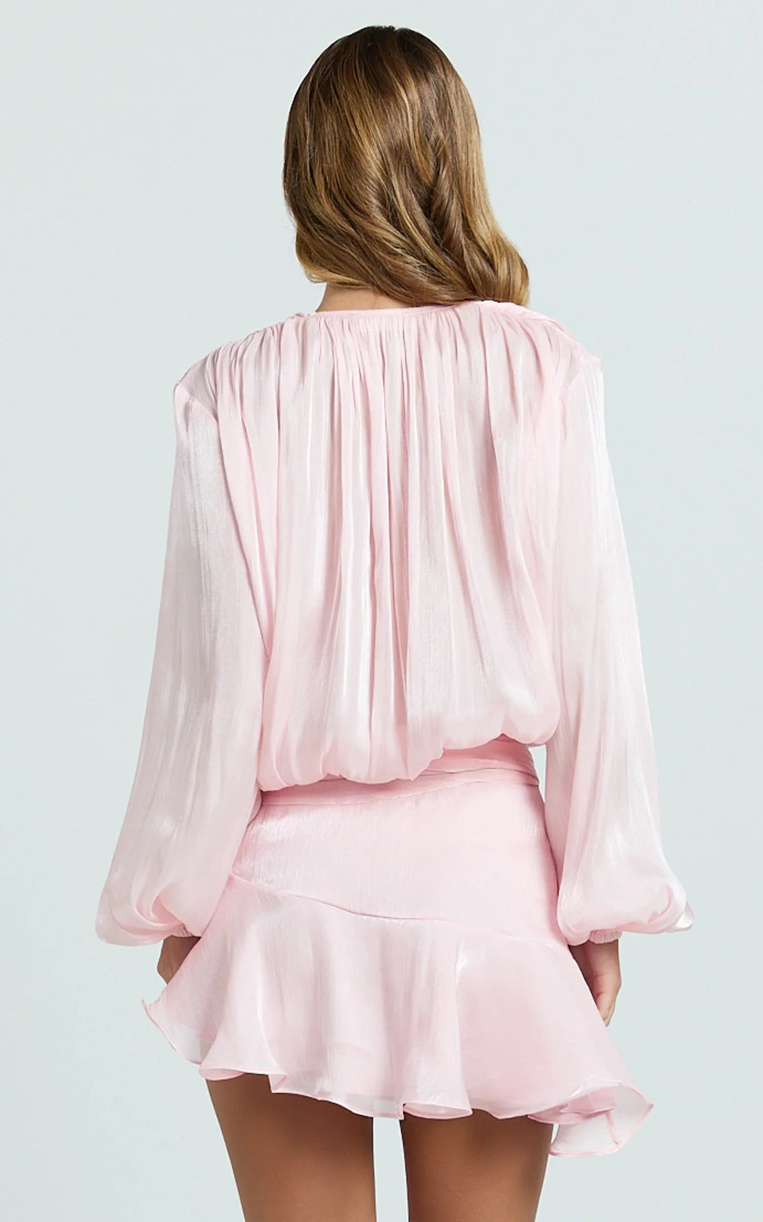Carmela Mini Dress - Long Sleeve Tie Neck Ruffle Skirt Dress in Pink