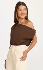 Gwen Bodysuit - Asymmetrical Neckline One Shoulder Bodysuit in Chocolate