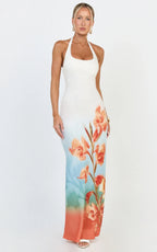 Soleil Midi Dress - Ombré Floral Print Bias Cut Halter Neck Dress in Orange