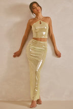 Sheer Sequin Keyhole Cut Out Halter Neck Crop Top in Pistachio