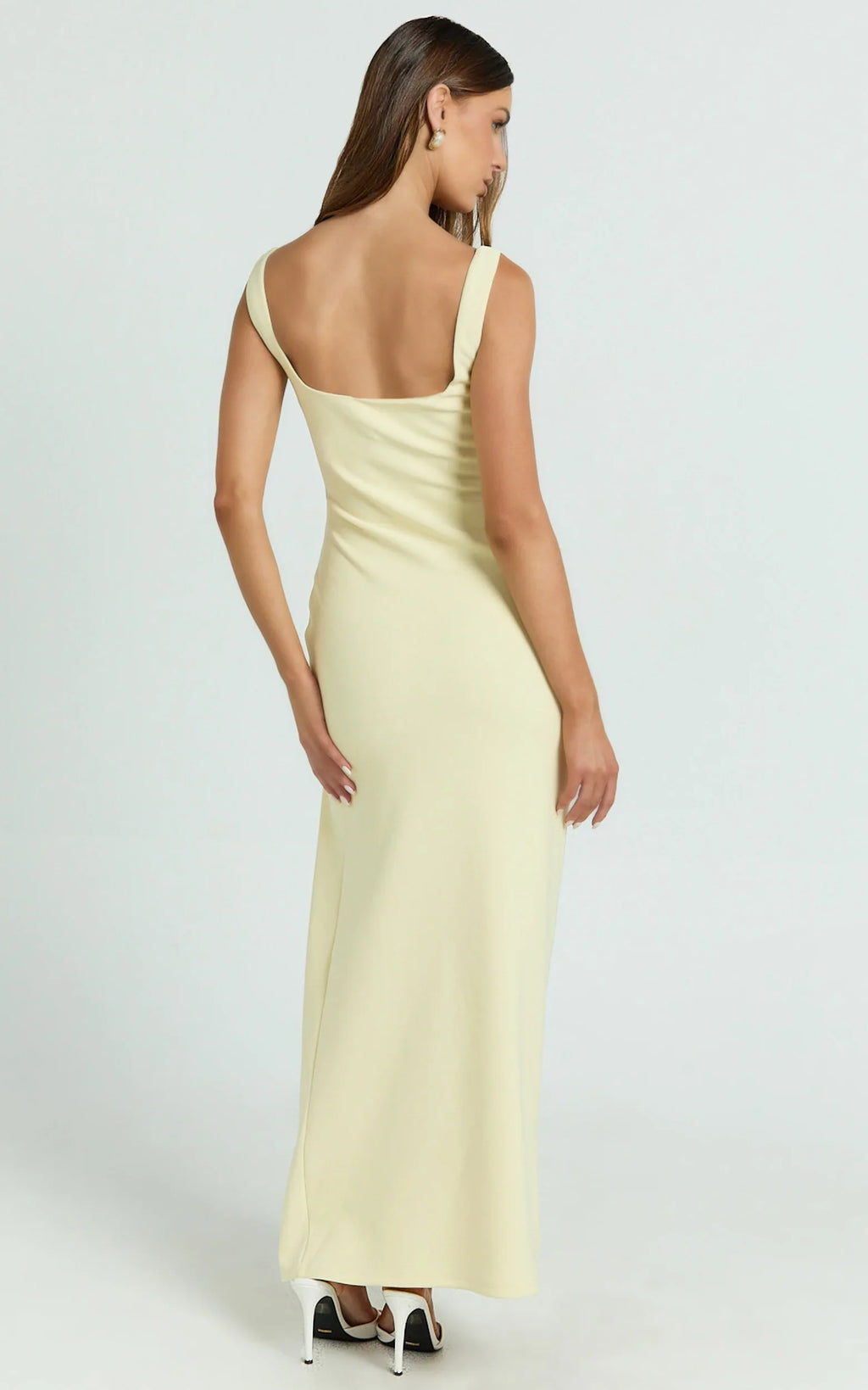 Tessa Maxi Dress - Square Neck Ruched Side Bodycon Dress in Lemon
