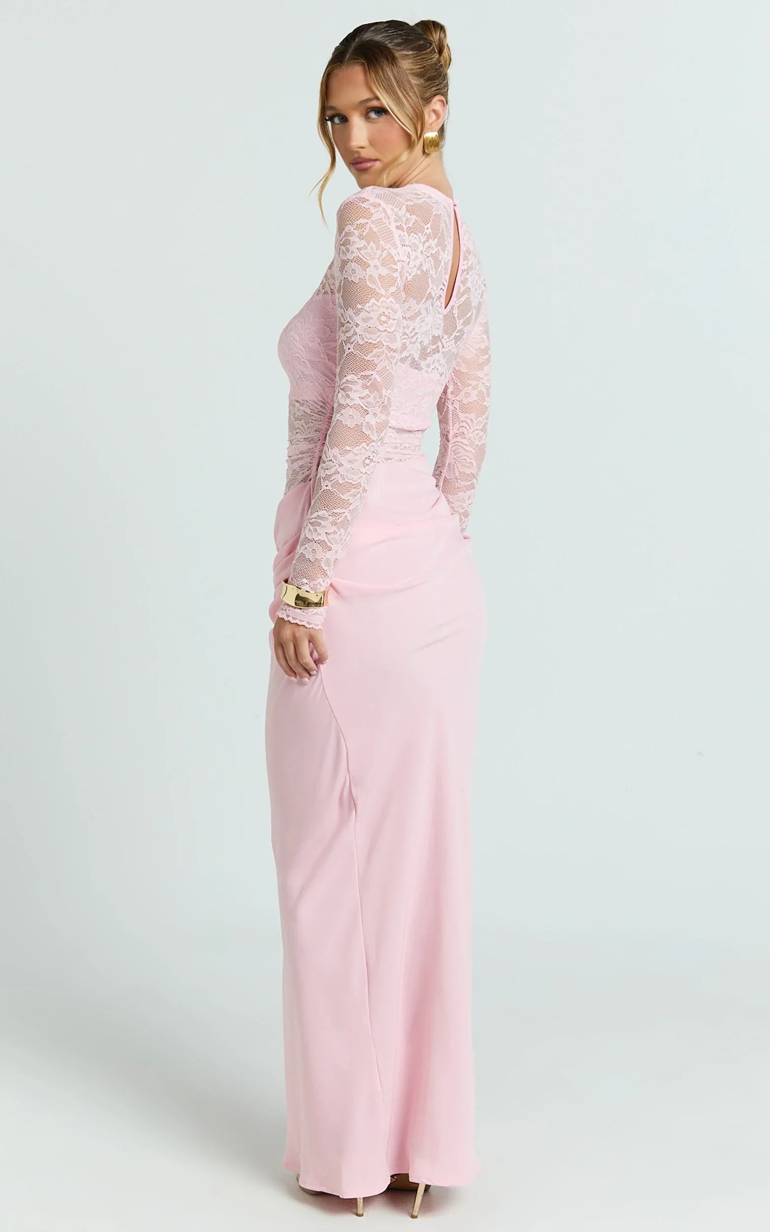 Crisanta Maxi Dress - Long Sleeve Contrast Lace Bodycon Dress in Pink