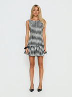 Kolbie Boat Neck Frill Mini Dress Black / White Check