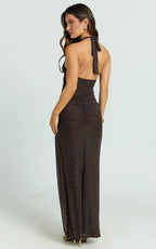 Yuna Maxi Dress - Halter Neck Ruched Cut Out Bodycon Dress in Chocolate