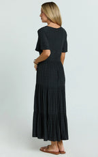 Cryzel Midi Dress - Flutter Sleeve Tiered Dress in Black