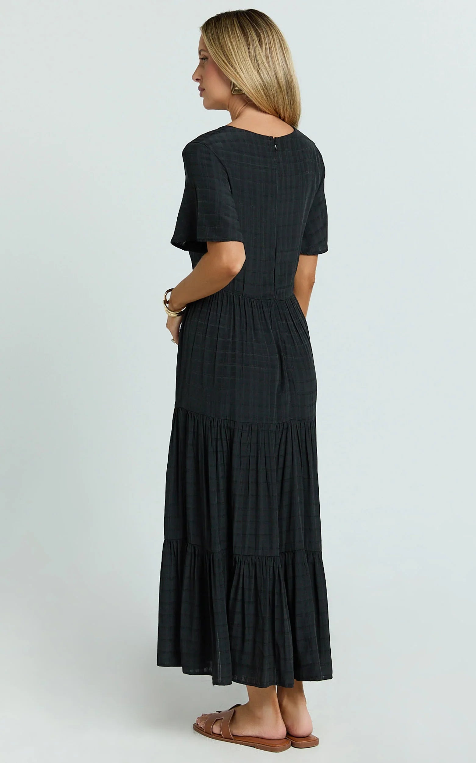 Cryzel Midi Dress - Flutter Sleeve Tiered Dress in Black