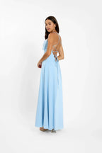 Pre-order: Frill Backless Maxi Dress | Baby Blue Satin