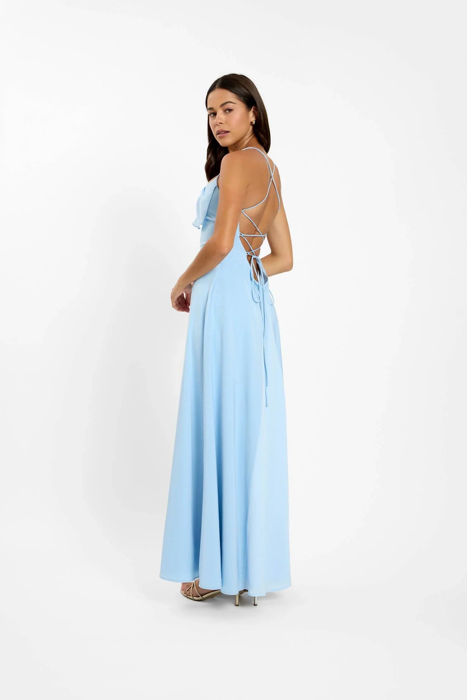 Pre-order: Frill Backless Maxi Dress | Baby Blue Satin
