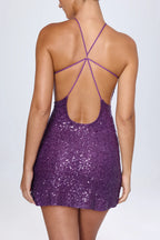 Embellished Open-Back A-Line Mini Dress in Grape