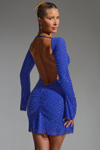 Embellished Open-Back A-Line Mini Dress in Cobalt Blue