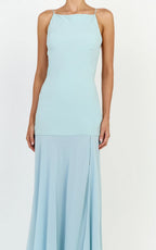 Ayla Maxi Dress - High Neckline Contrast Georgette Skirt Dress in Blue