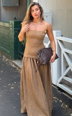 Edie Maxi Dress - Straight Neck Gathered Drop Waist Dress in Brown