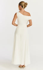 Amber Midi Dress - Off The Shoulder Hardware Detail A Line Dress in White