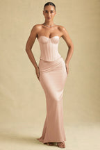 Draped Low-Rise Maxi Skirt in Beige Gold