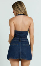 Walton Skort - Mid Waisted Recycled Denim Skort in Indigo Wash