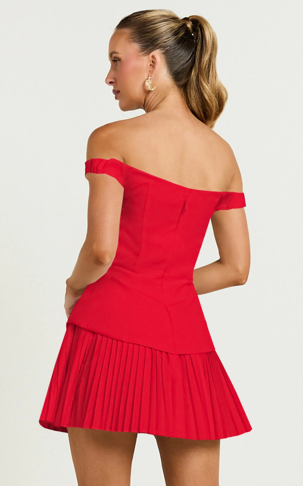Izara Mini Dress - Off Shoulder Pleated Dress in Red