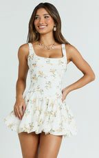 Bobby Mini Dress - Scoop Neck Drop Waist Bubble Hem Dress in Vintage Spring Floral Print