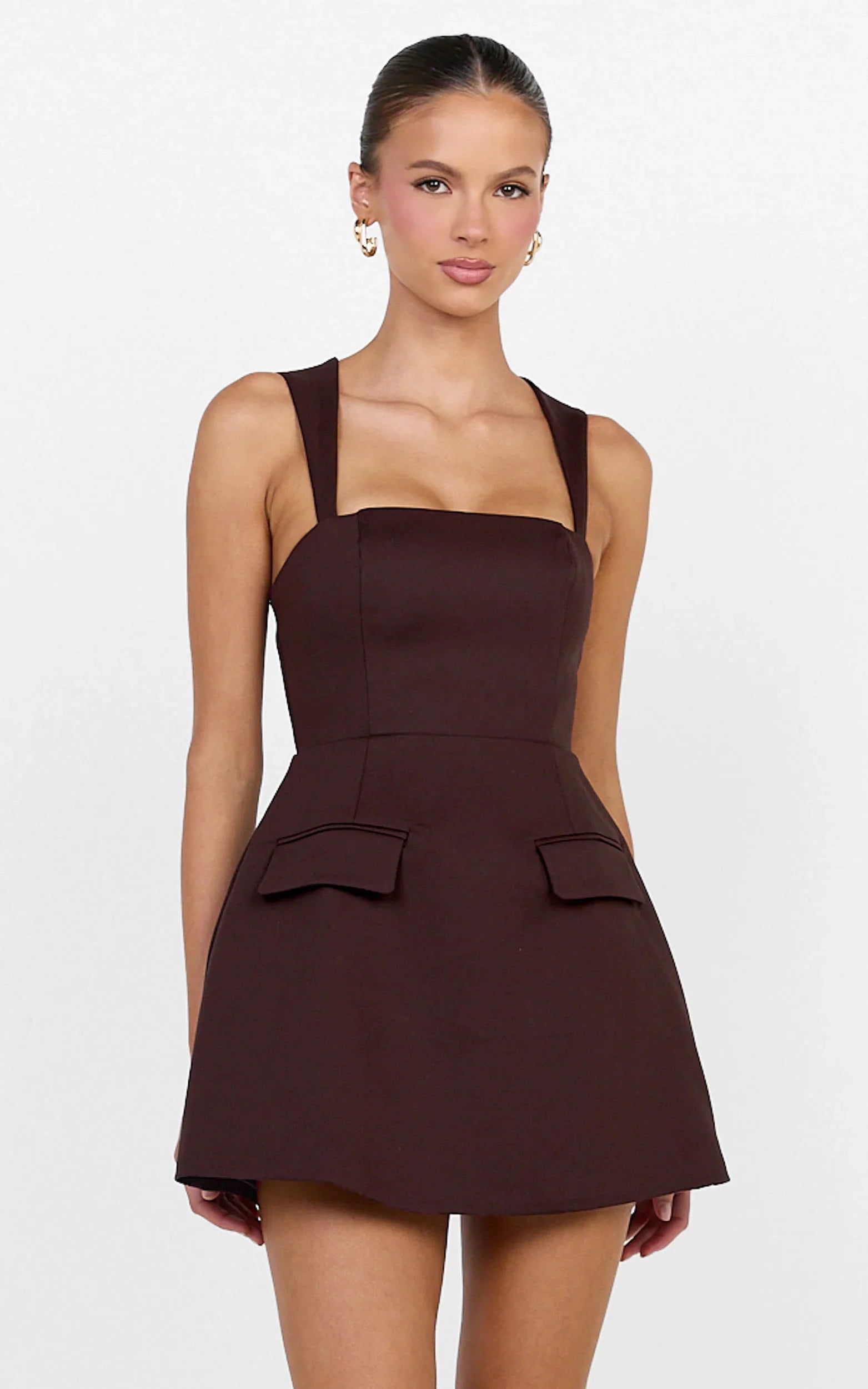 Garrett Mini Dress - Square Neck Fit And Flare Dress in Dark Chocolate
