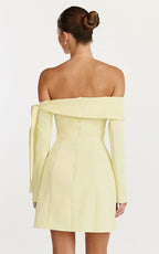 Eljay Mini Dress - Long Sleeve Off Shoulder Knot Detail Dress in Lemon