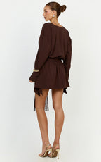Ariette Mini Dress - Plunge Neck Fringe Detail Belt Dress in Chocolate