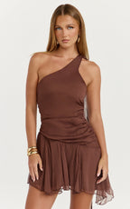 Jett Mini Dress - Scarf Neck Asymmetric Hemline Georgette Dress in Chocolate