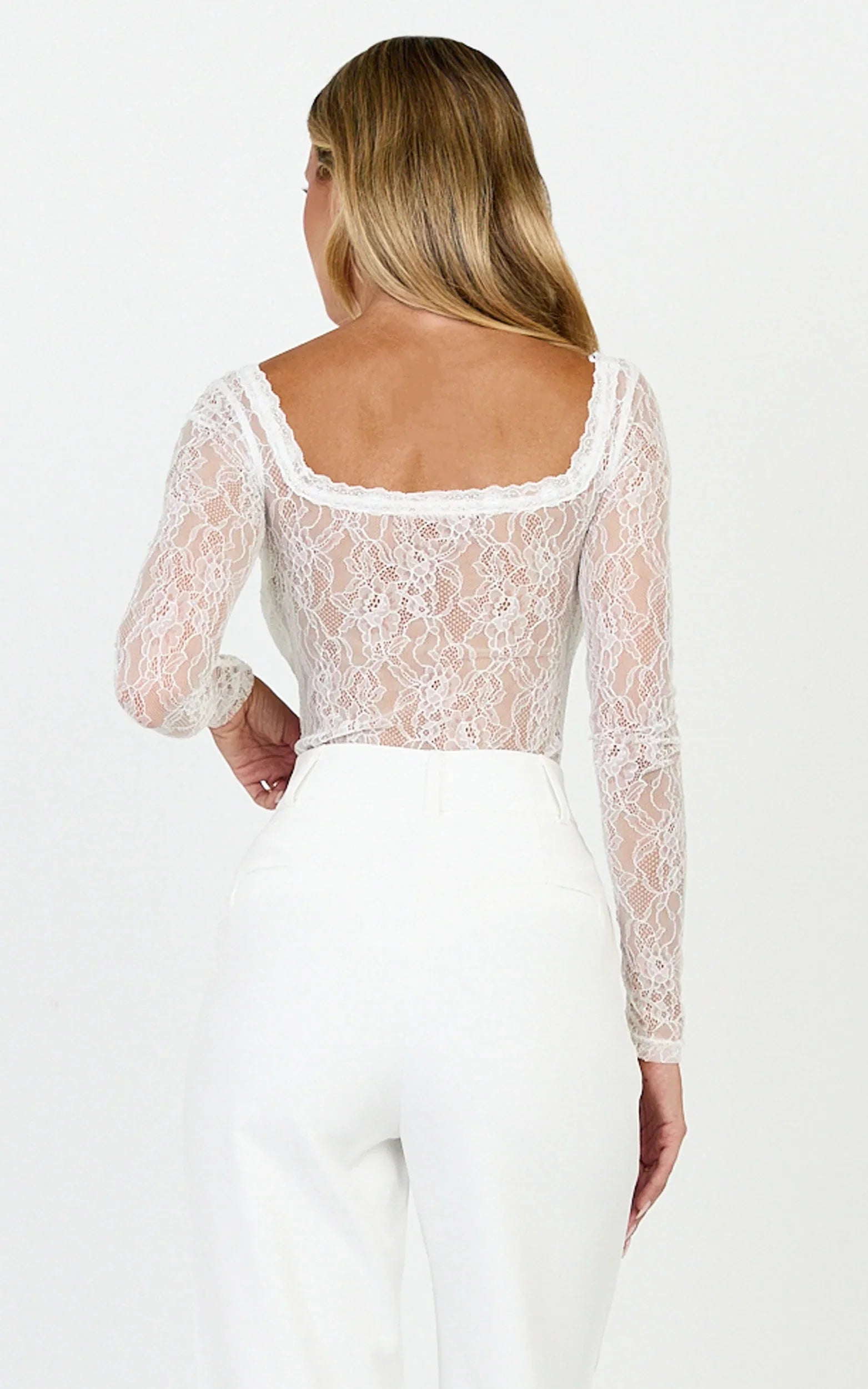 Cynthia Bodysuit - Long Sleeve Lace Bodysuit in Cream