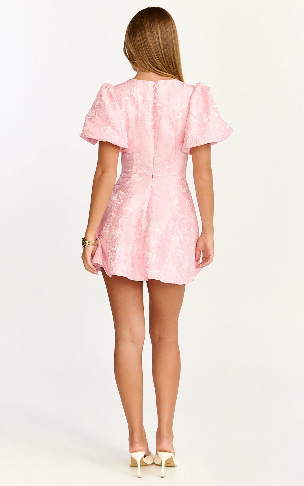Rosalie Mini Dress - Floral Jacquard V Neck Fit and Flare Dress in Pink