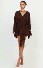 Ariette Mini Dress - Plunge Neck Fringe Detail Belt Dress in Chocolate