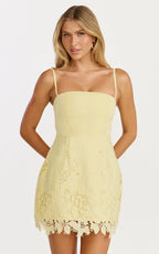 Maisie Mini Dress - Broderie Cut Out Border Hem Dress in Lemon
