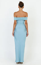 Thalassa Maxi Dress - Lace Off Shoulder Contrast Draped Cowl Waist Dress in Light Blue