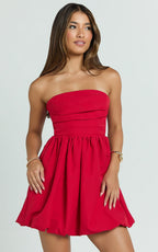 Shaima Mini Dress - Strapless Bubble Hem Dress in Red