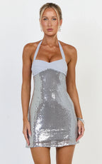 Grace Mini Dress - Twisted Bust A Line Sequin Dress in Grey