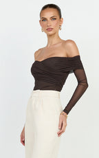 Opal Bodysuit - Long Sleeve Wrapped Off Shoulder Bodysuit in Chocolate