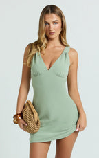 Gabrielle Mini Dress - Knot Strap Detail Mini Dress in Sage