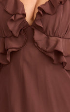 Alessa Midi Dress - V Neck Frill Detail Empire Waist Back Cut Out Dress in Brown