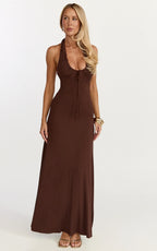 Odile Maxi Dress - U Halter Neck Dress in Chocolate