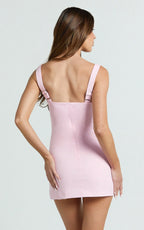 Arna Mini Dress - High Neck Fitted Bow Detail Leg Split Fitted Dress in Pink