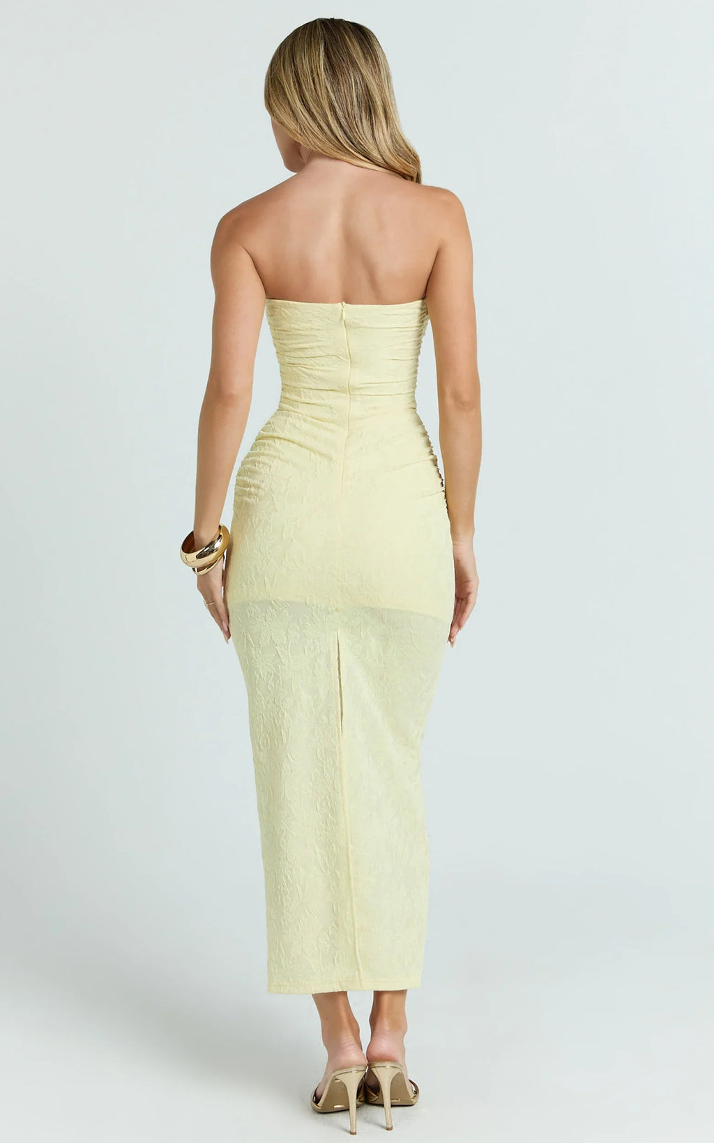 Kayrene Midi Dress - Strapless Bodycon Dress in Butter Yellow
