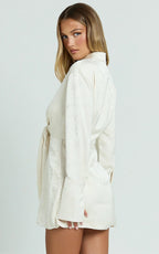 Paola Mini Dress - Tie Front Collared Skirt Dress in Off White