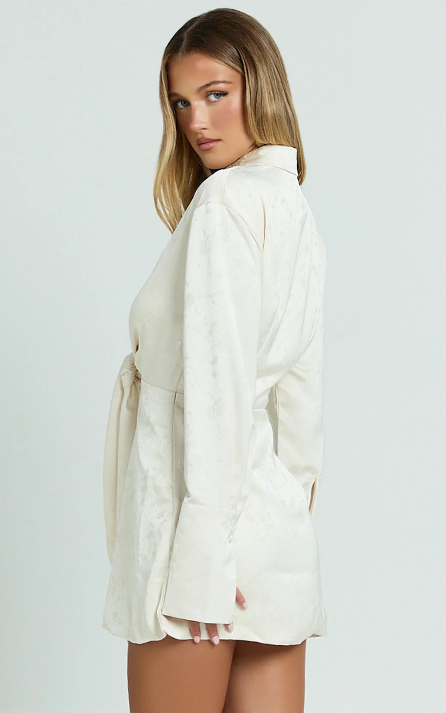 Paola Mini Dress - Tie Front Collared Skirt Dress in Off White