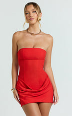 Natalie Mini Dress - Strapless Draped Skirt Dress in Red
