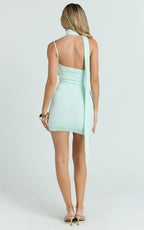 Nerissa Mini Dress - Asymmetric Scarf Neck Trim Detail Fitted Dress in Mint