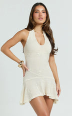 Estella Mini Dress - Scooped V Halter Drop Waist Frill Hem Skirt in Ivory