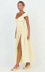 Saphira Midi Dress - Off Shoulder Plunge Frill Hem Dress in Lemon