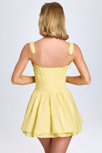 Pintucked Lace-Up Corset Mini Dress in Pastel Yellow