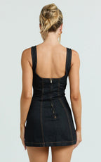 Fabia Mini Dress - Denim Square Neck Fitted Dress in Dark Wash
