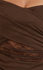 Juliet Mini Dress - Off Shoulder Lace Contrast Bodycon Dress in Choc